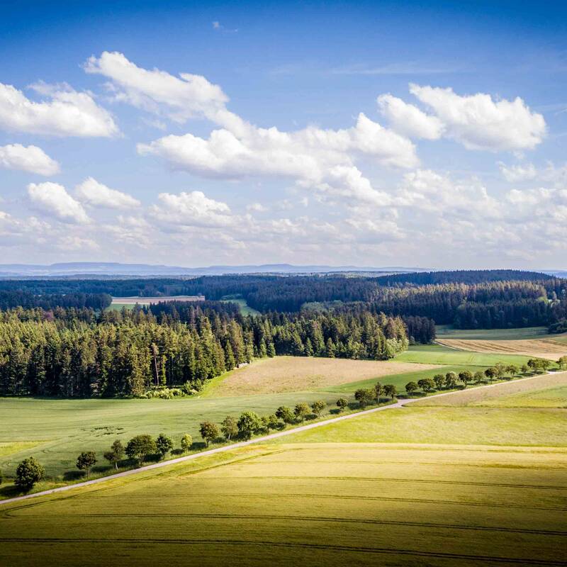Das Bild zeigt eine Luftaufnahme mit Blick auf die Marienkapelle an einem Sommertag. Im Hintergrund ist der Rottweiler Testturm zu sehen.